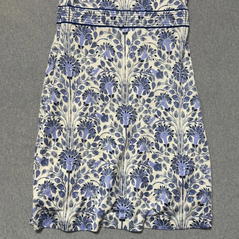 Tory Burch Blue White Floral Silk Sleeveless V-Neck Empire Waist Dress Size M